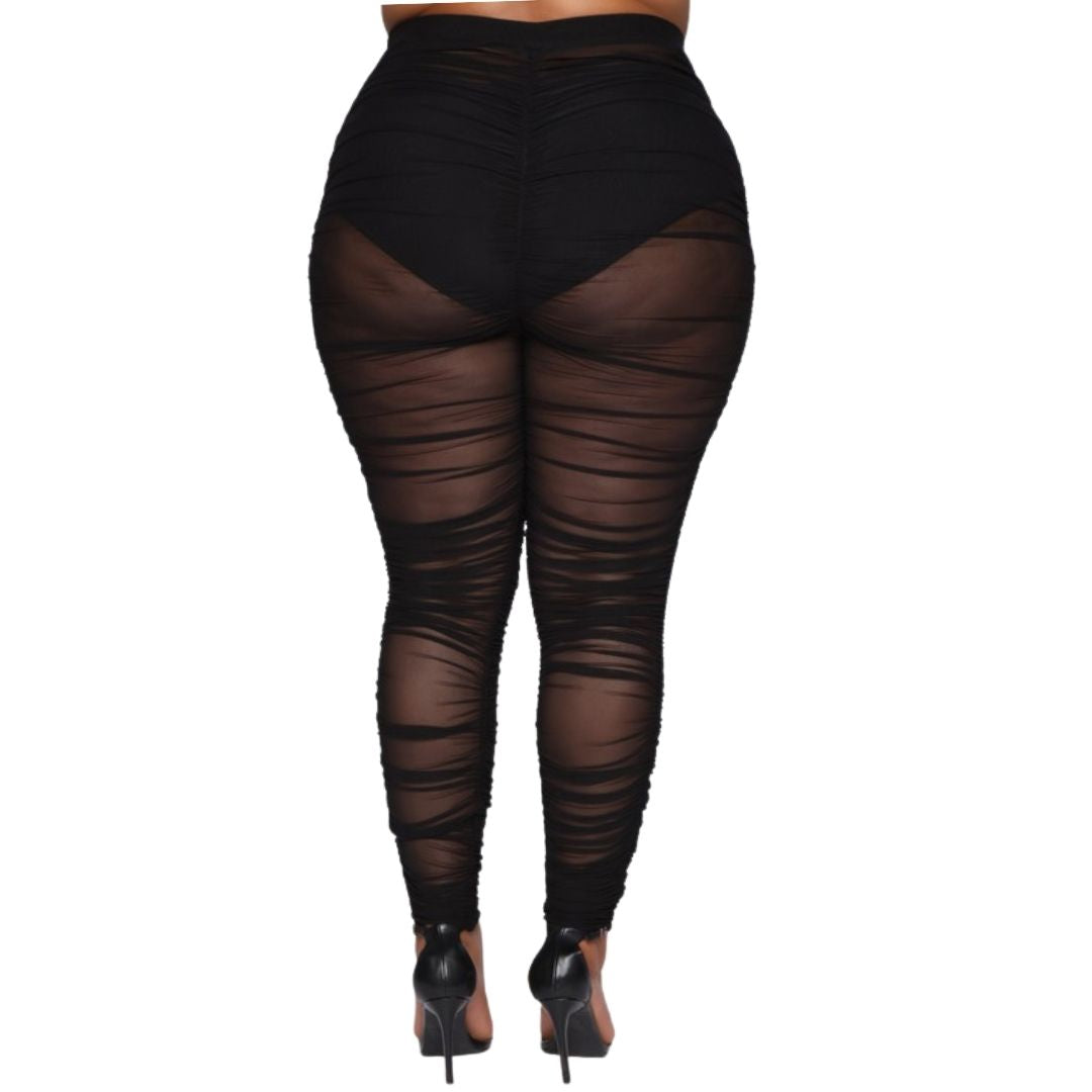 Black Sheer Mesh Ruched Leggings