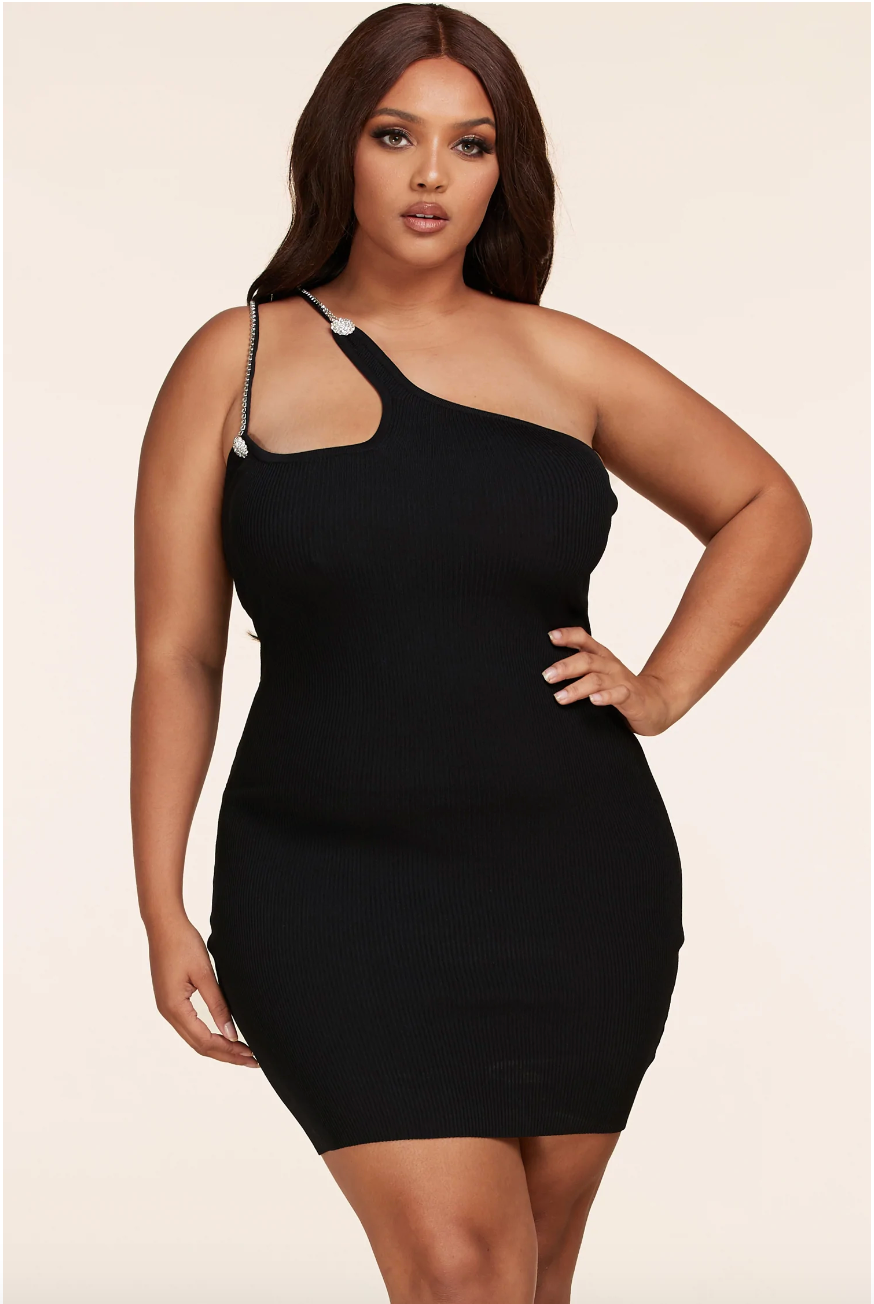 Black Rhinestone Double Shoulder Halter Dress