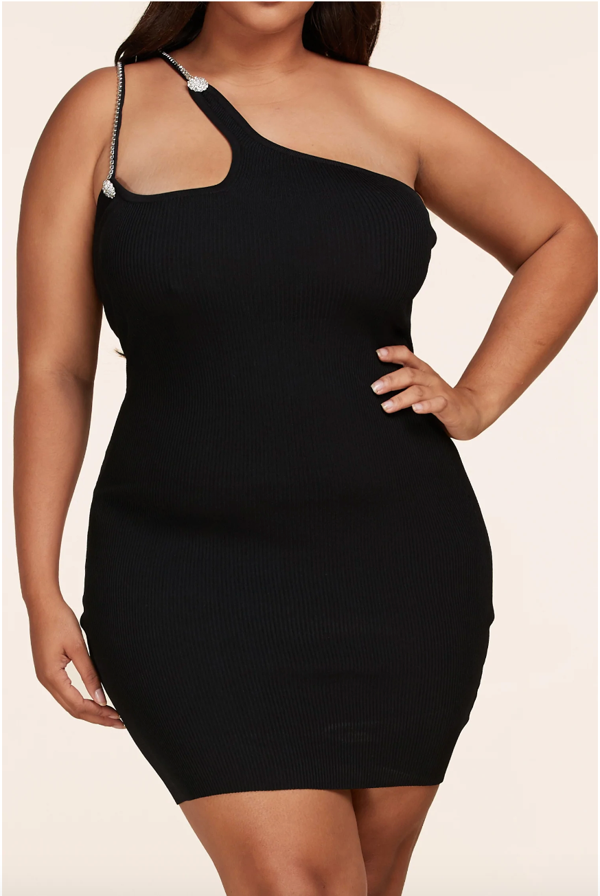 Black Rhinestone Double Shoulder Halter Dress