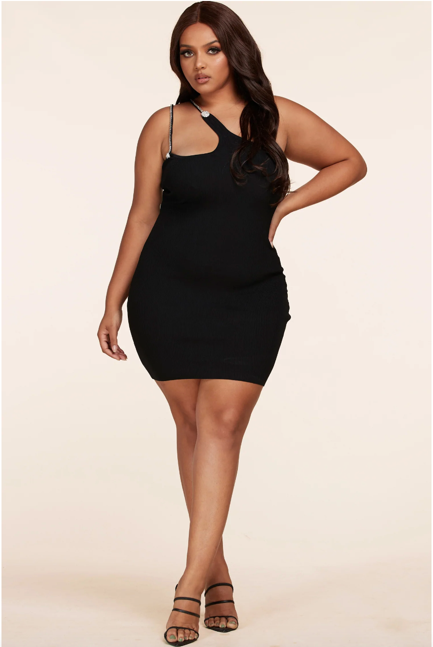 Black Rhinestone Double Shoulder Halter Dress